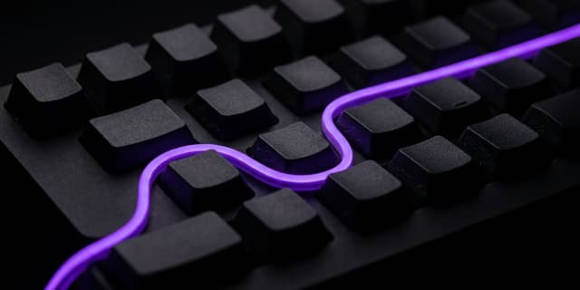 A rigid grid of identical black keys crossed by one continuous violet ribbon of light that ignores the grid