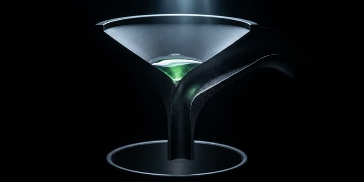 A dark, machined black funnel is lit from above where a small pool of glowing green liquid sits at its rim; partway down, the funnel's interior splits into two channels, one leading to an empty black vessel below and the other diverging off into darkness.
