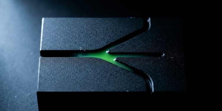 A close-up macro shot of a matte black machined block where a single carved groove splits into several diverging channels of different widths, with a thin line of green light glowing inside the widest branch while the rest of the surface fades into darkness.