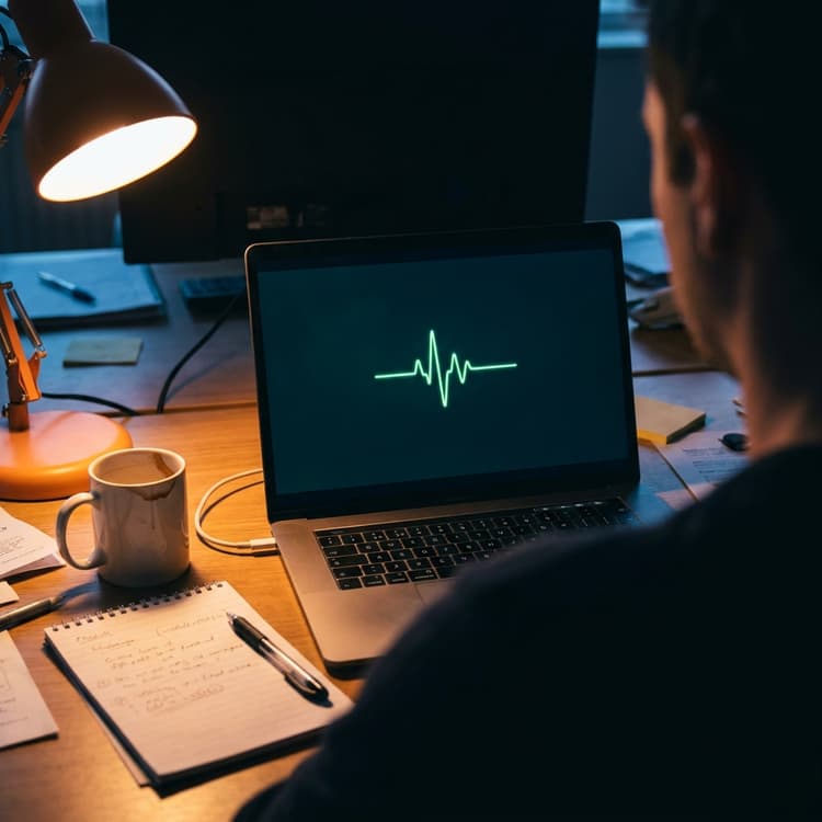 A laptop screen showing a single glowing green signal waveform on an otherwise dark desk at dusk, representing the real signal AI qualification finds inside noisy lead data