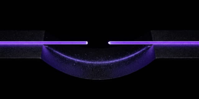 A broken violet line across black, its severed ends bridged from below by a fainter violet arc