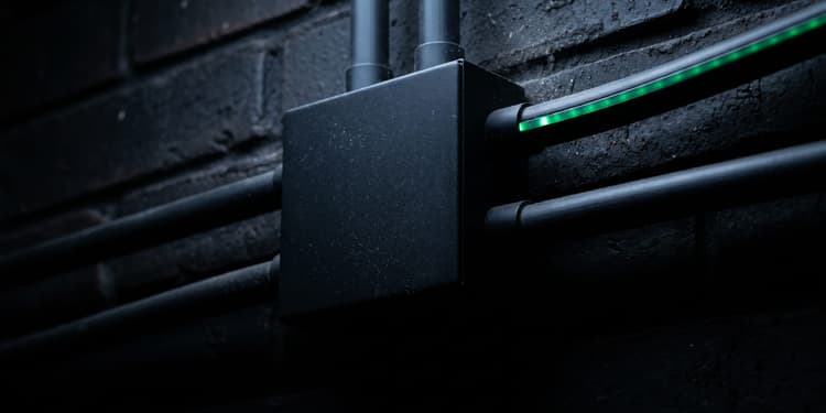 A black junction box mounted on a dark brick wall with conduit pipes and a cable featuring a green illuminated strip.