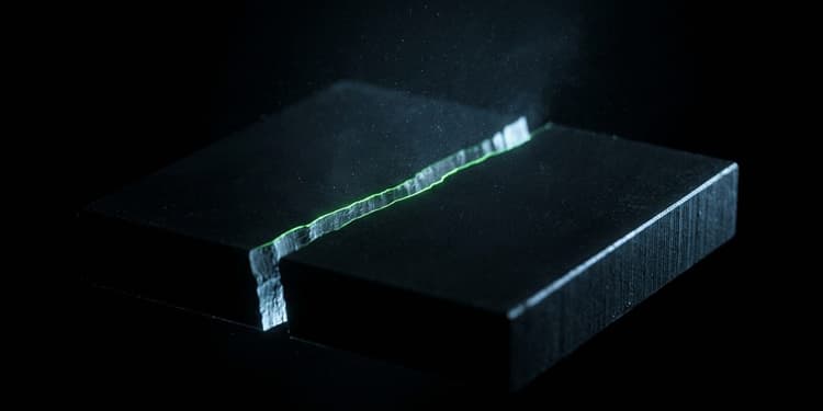 A dark, matte black rectangular slab is split by a diagonal crack that glows with a thin line of green light, its two halves separating into surrounding blackness.
