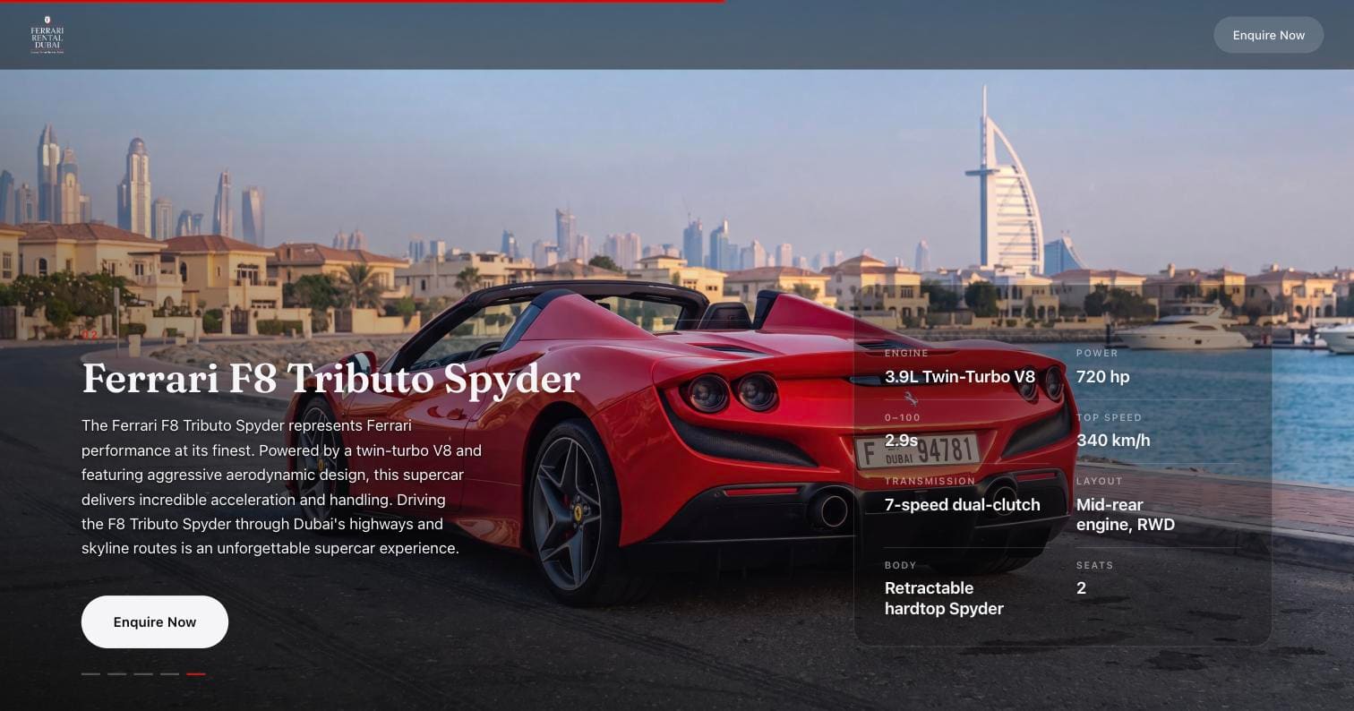Ferrari Rental Dubai website built by Nimble Dingo, showing the Ferrari F8 Tributo Spyder page with headline copy and live spec panel