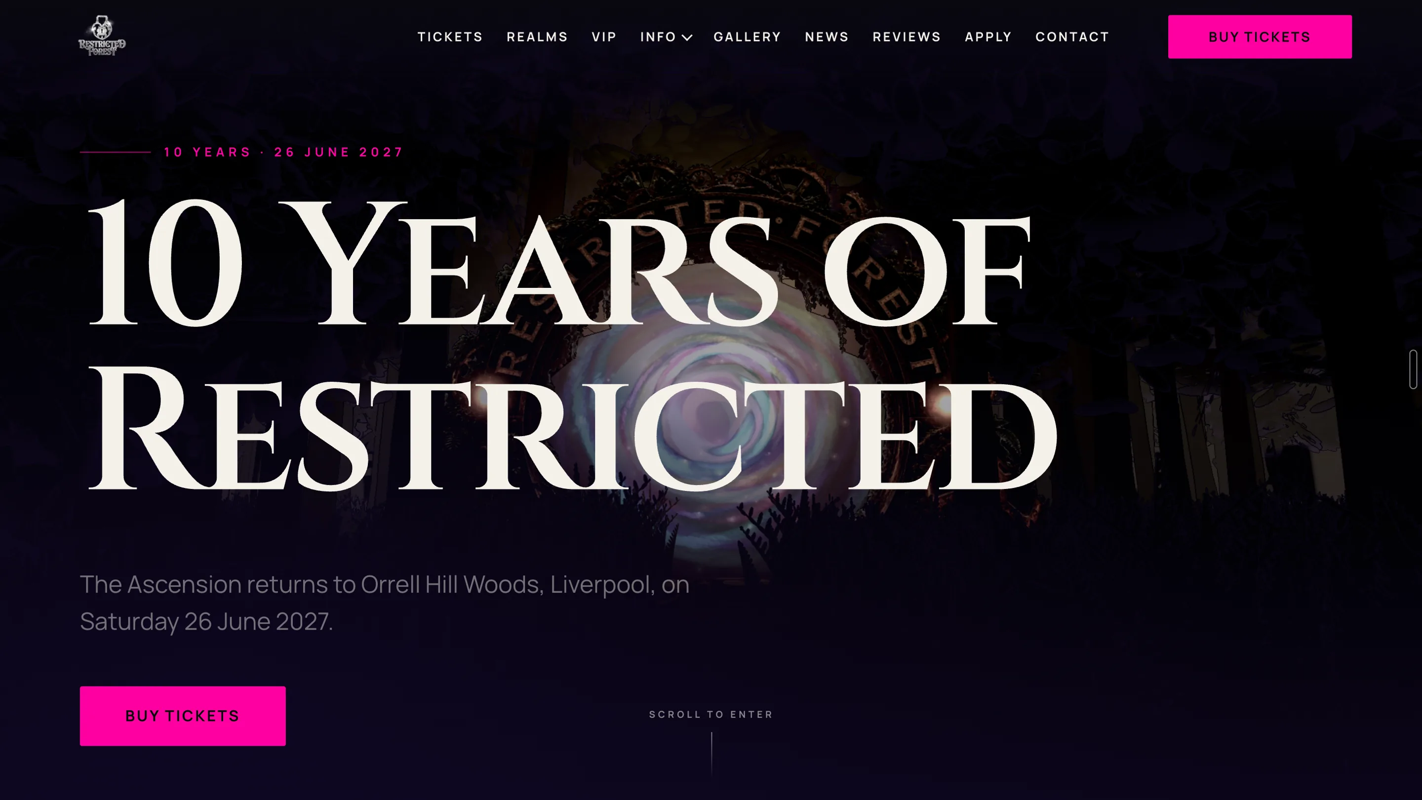 Restricted Forest website built by Nimble Dingo, the Liverpool woodland festival's tenth-year homepage with the 26 June 2027 date and ticket call to action
