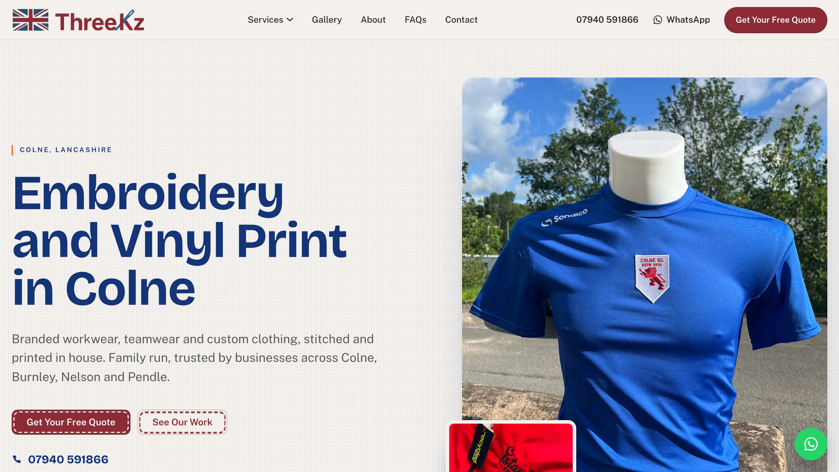 ThreeKZ website homepage, embroidery and vinyl print in Colne