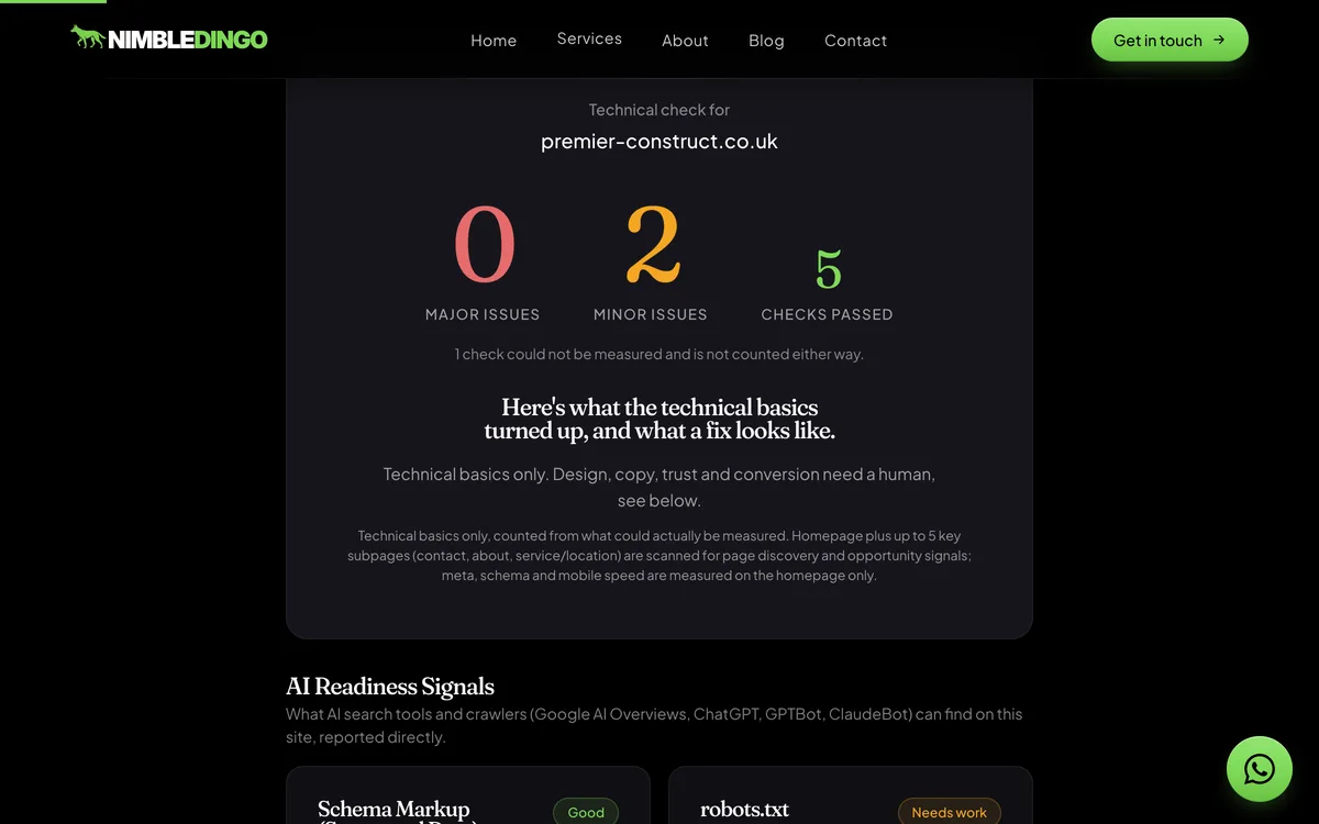 The Nimble Dingo free website audit tool