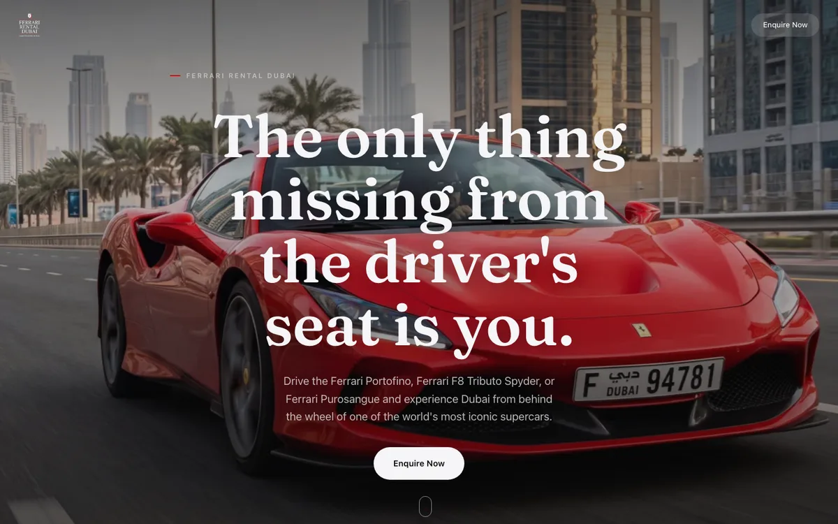 Ferrari Rental Dubai home page, a site in a network Nimble Dingo built for a client