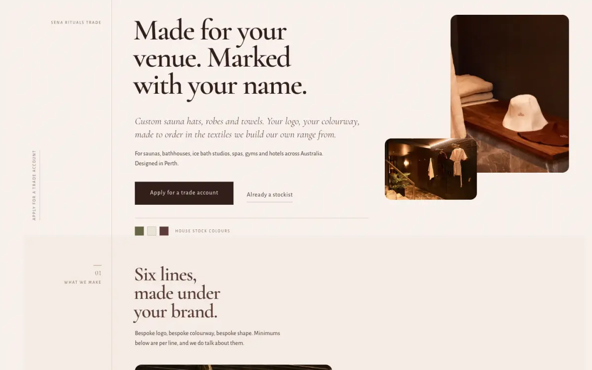 SENA Rituals trade portal home page, built by Nimble Dingo